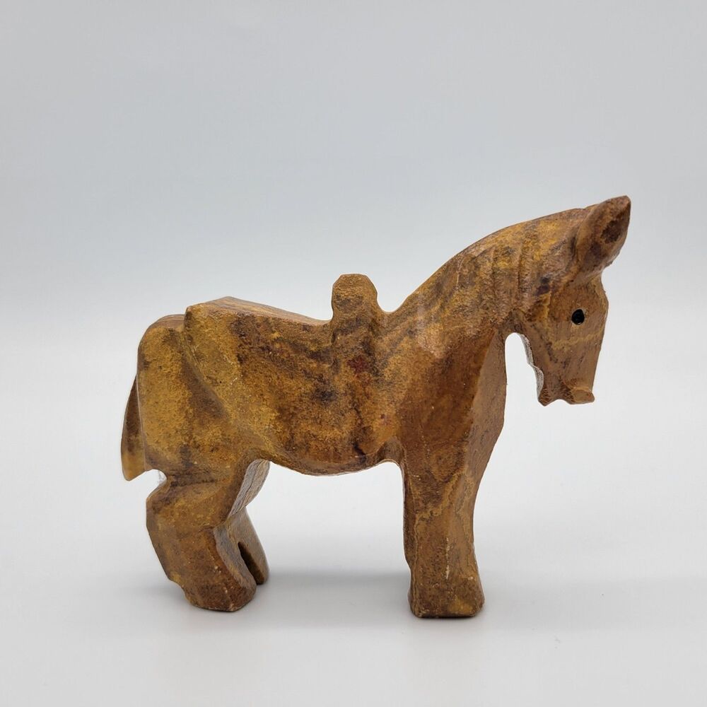 Vtg Donkey Mule Statue Figurine Natural Marbled Stone Hand Carved Brown Tan